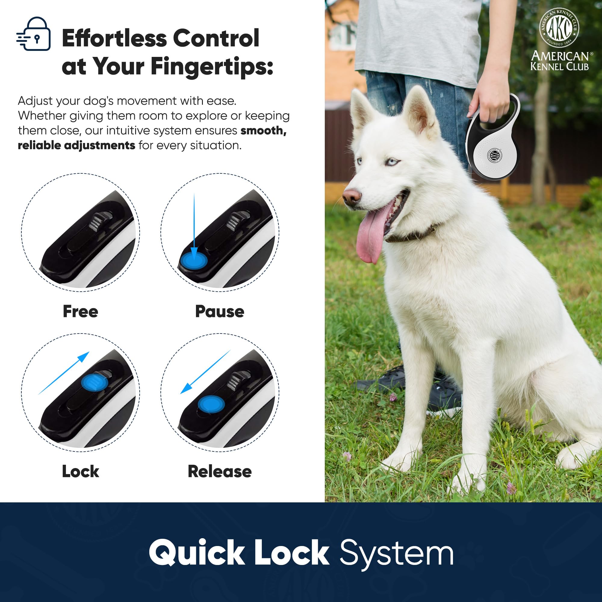 American Kennel Club retractable leash showing one-handed pause and lock for easy control.