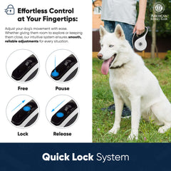 American Kennel Club retractable leash showing one-handed pause and lock for easy control.