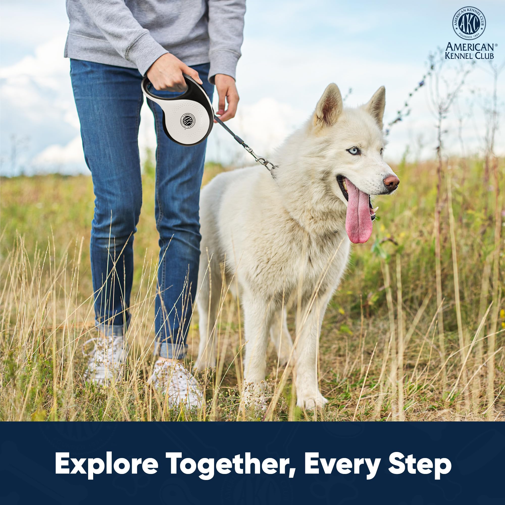 American Kennel Club retractable leash supports dogs up to 110 lbs for versatile daily walks.