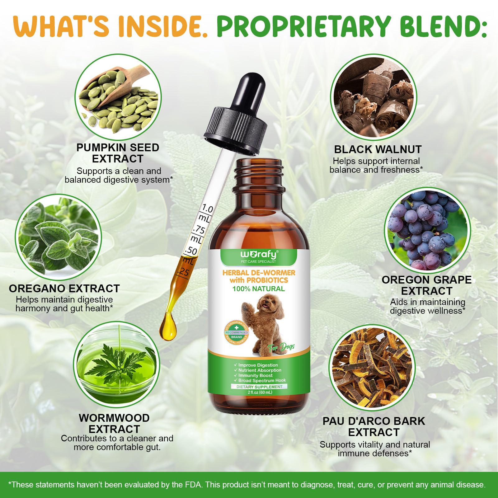 Akeeronn label close-up highlighting herbal digestive blend for dogs