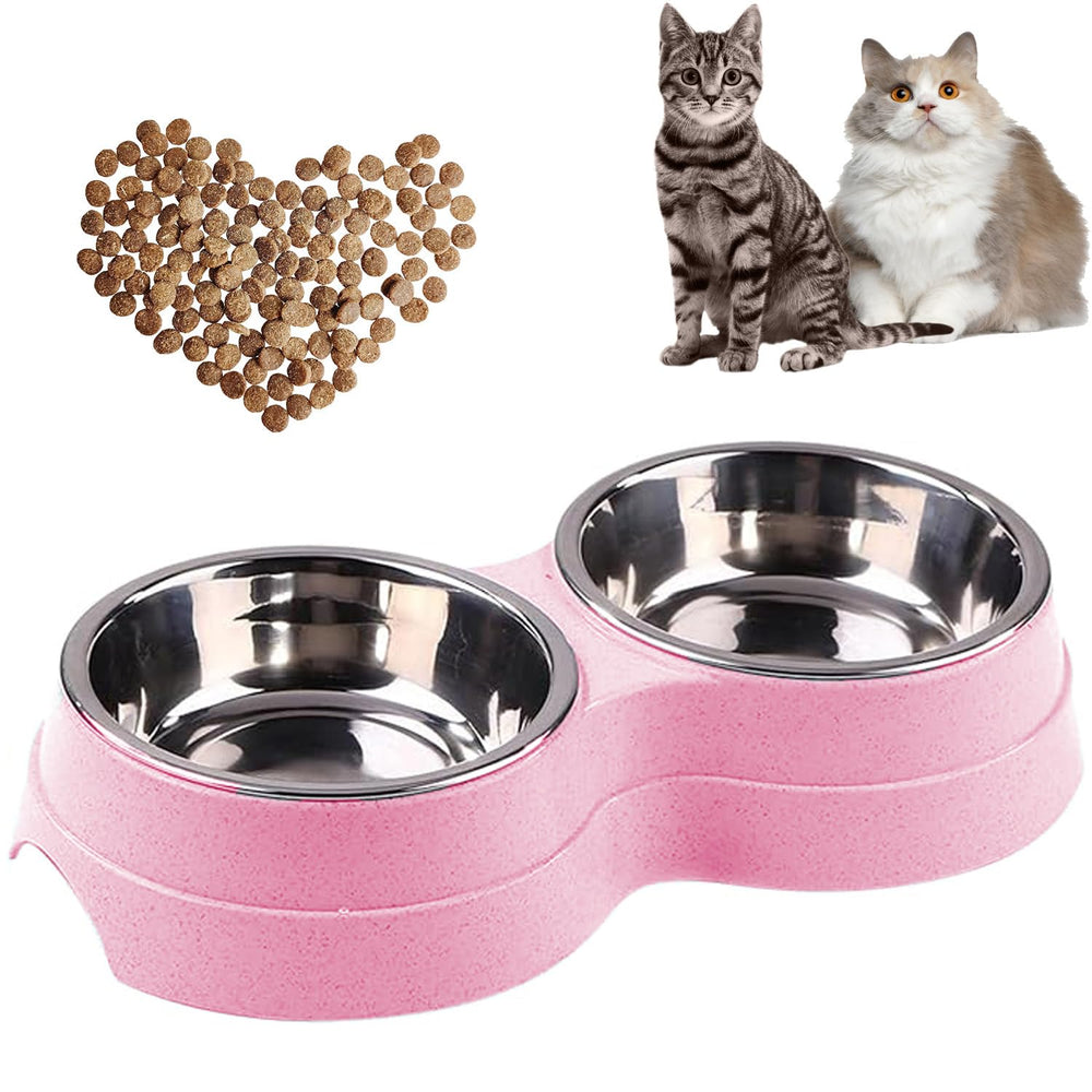 AKEISHE Double Cat Food Bowl pink side view shows detachable bowls for easy cleaning