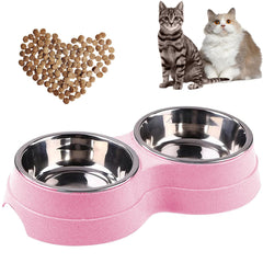 AKEISHE Double Cat Food Bowl pink side view shows detachable bowls for easy cleaning