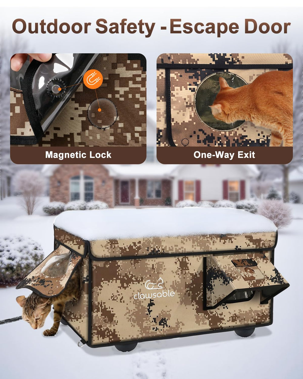 Akentio cat house features elevated feet for weatherproof stability and dry footing.