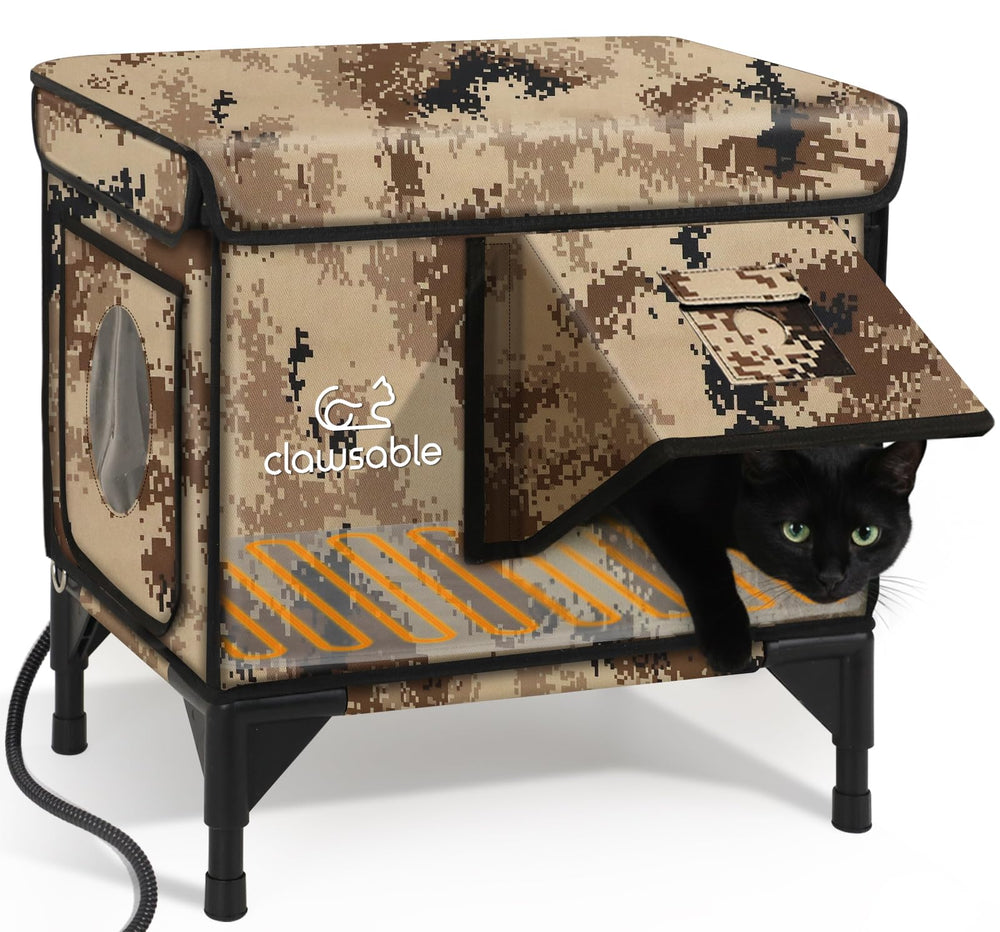 Akentio sturdy outdoor heated cat house in winter showing double insulation for warmth and shelter.
