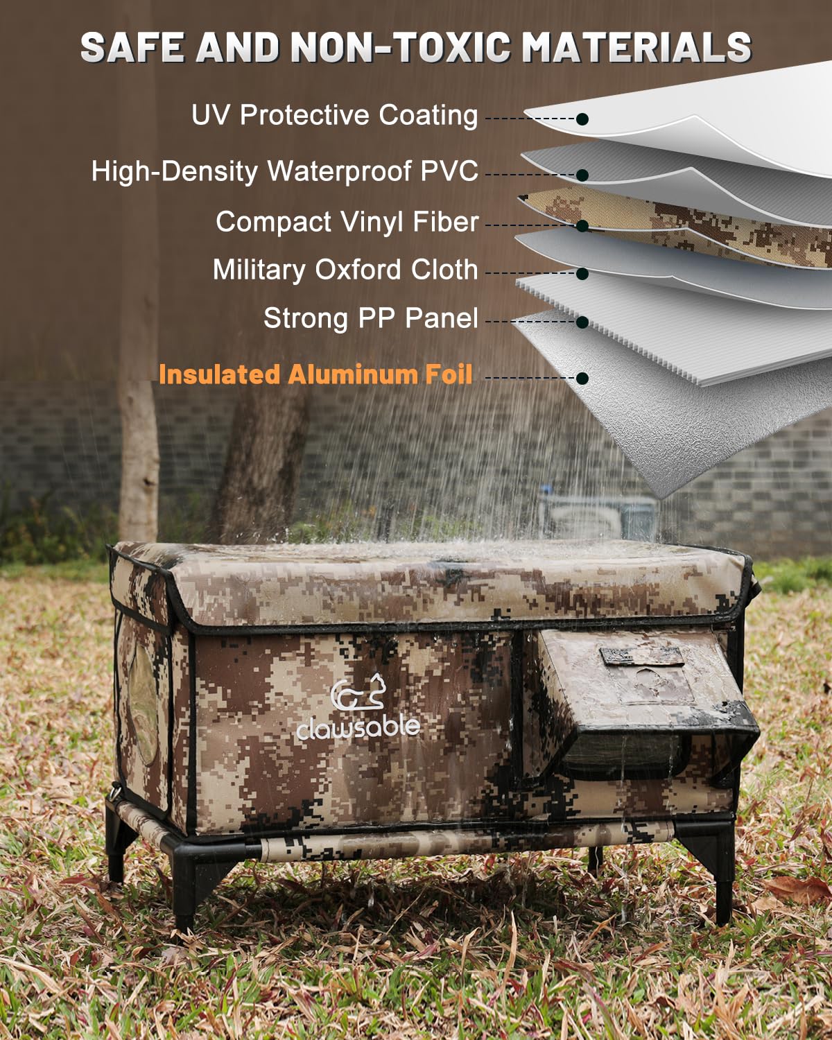 Akentio waterproof awning and outlet cat house demonstrates weatherproof protection for rainy or snowy days.