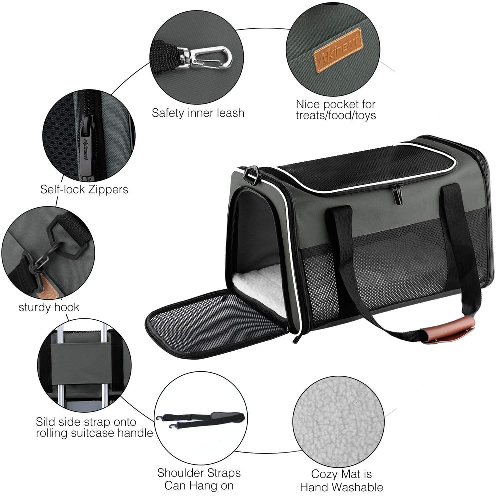 Akinerri airline-approved pet carrier fits under seats on flights.