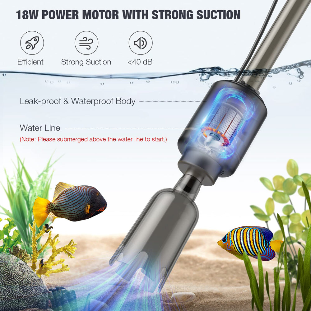 AKKEE vacuum's extended telescopic rod adjusts to fit different tank heights.