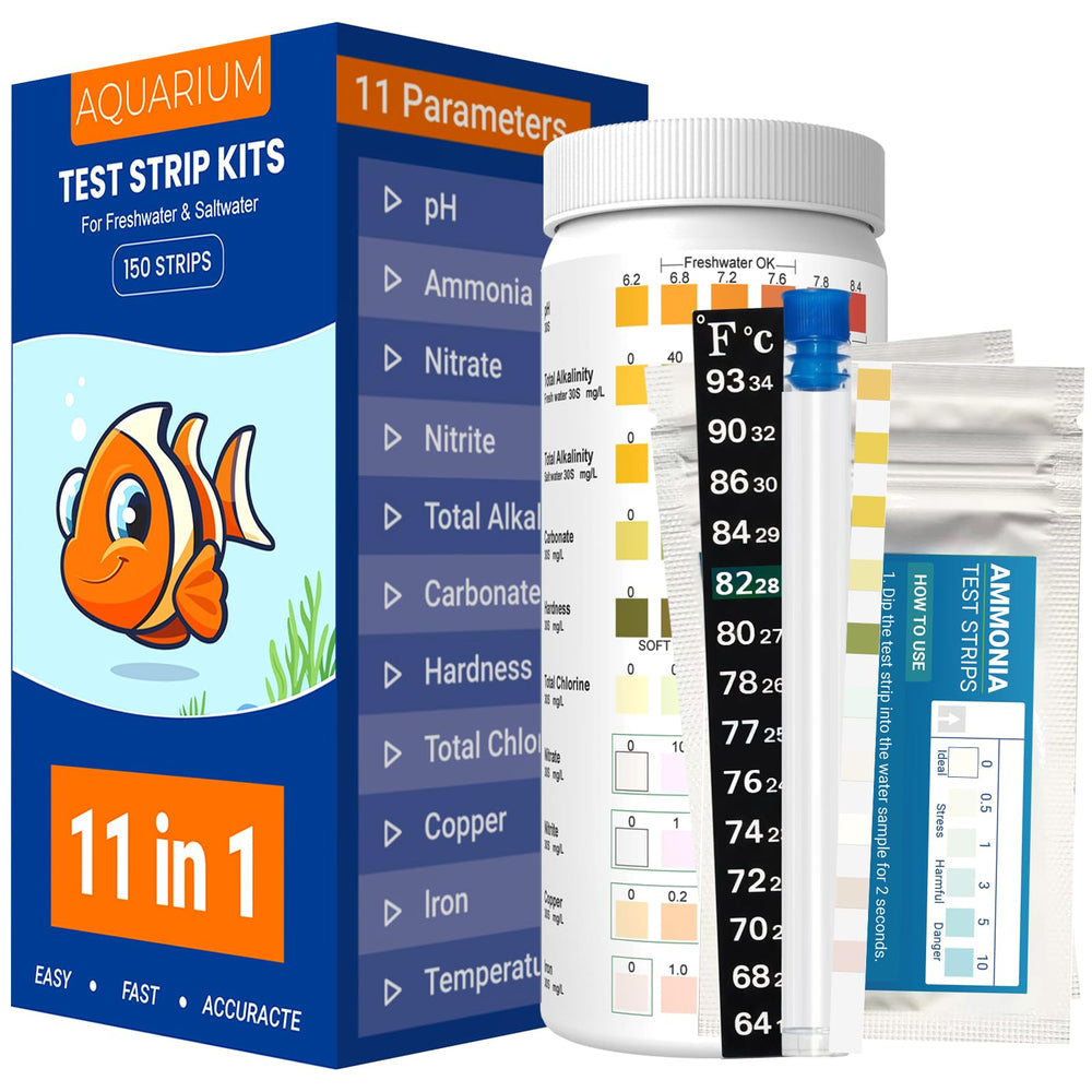 AKSBTEC 11in1 aquarium test strips pack showing 150-count bottle for reliable testing.
