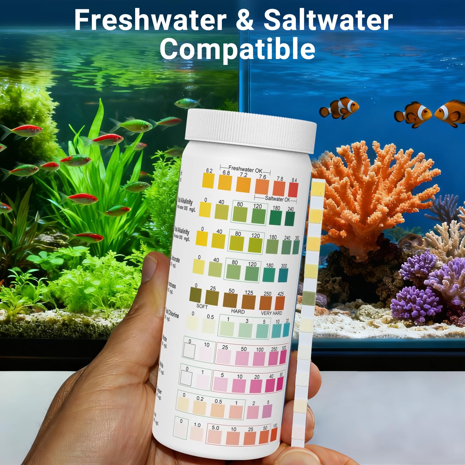 AKSBTEC high-range pH and metal tests support reef and planted tanks.