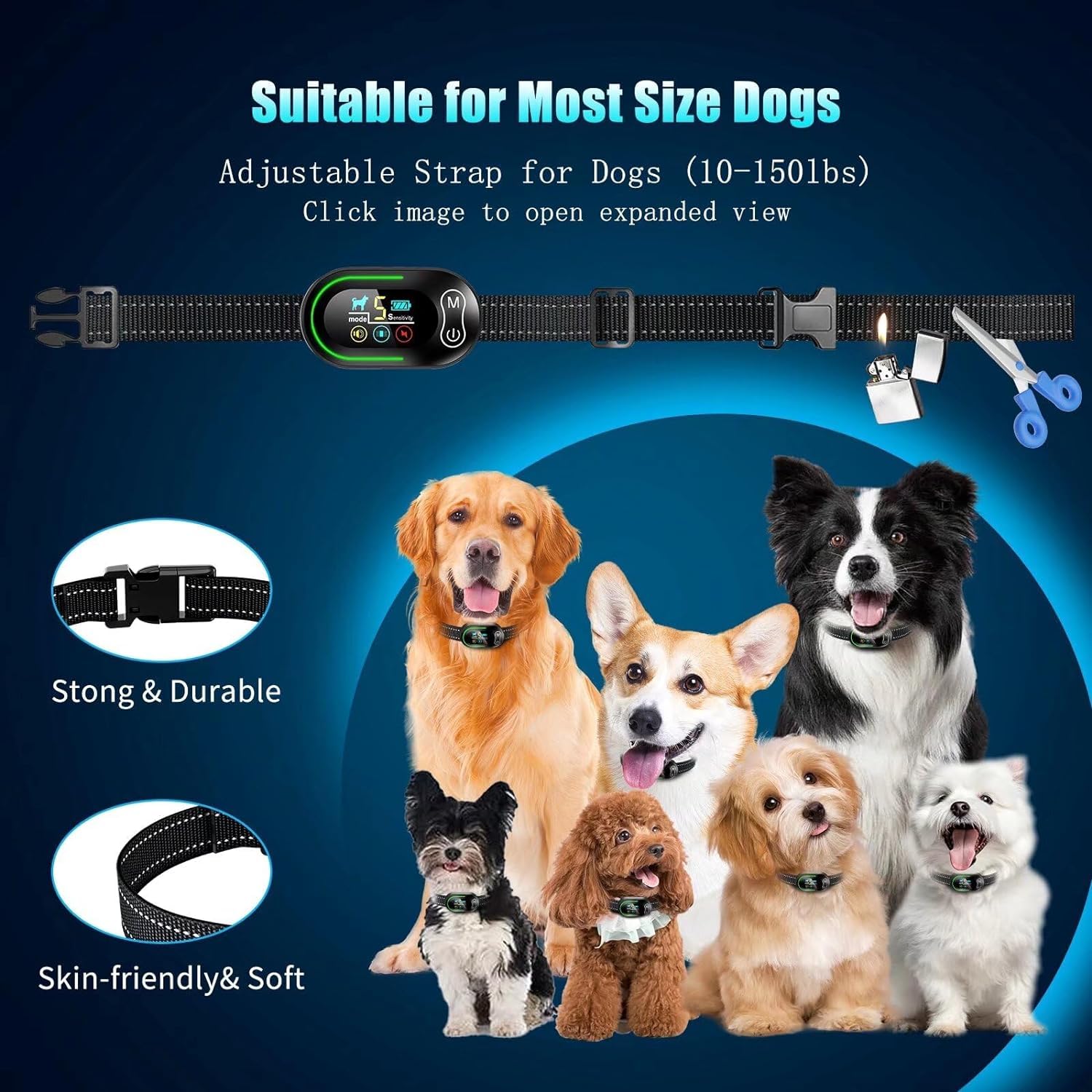 AKUVU dog bark collar battery LED emphasizing quick charging and long life.