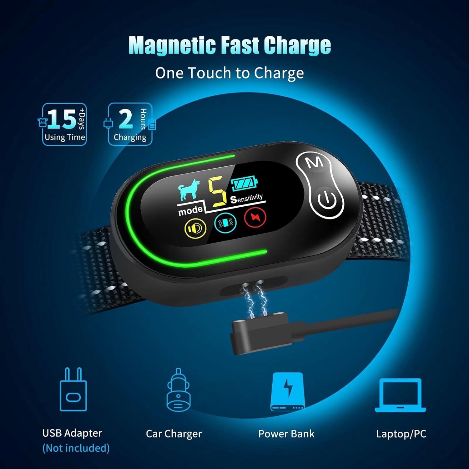 AKUVU dog bark collar control panel displaying modes and sensitivity options.