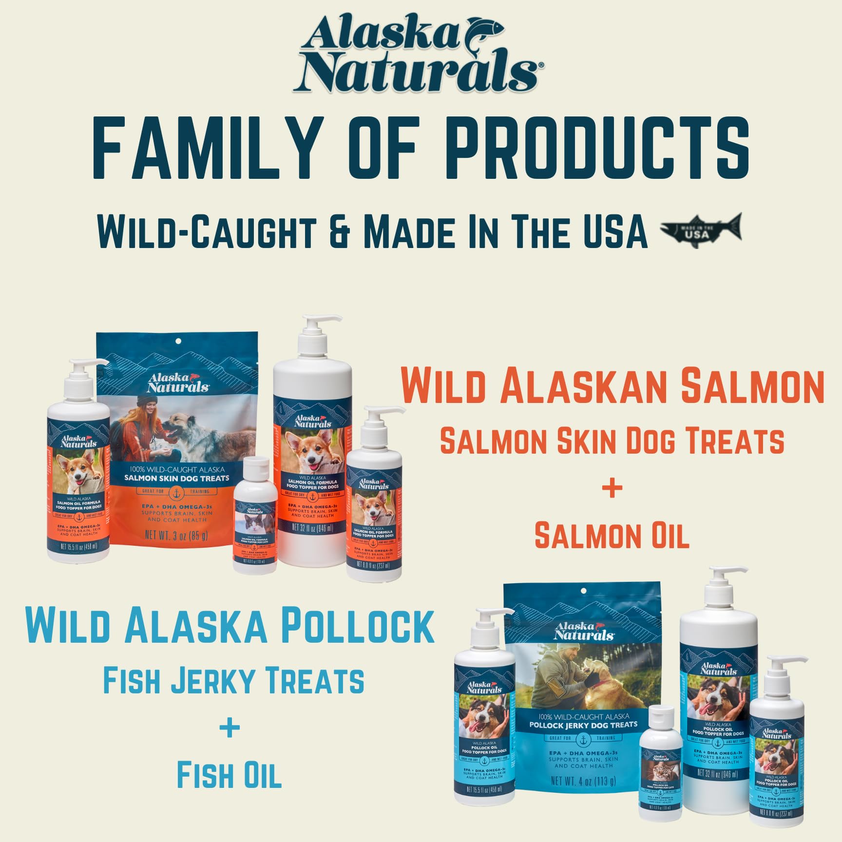 Alaska Naturals USA-made pet products packaging in kitchen scene signals quality.