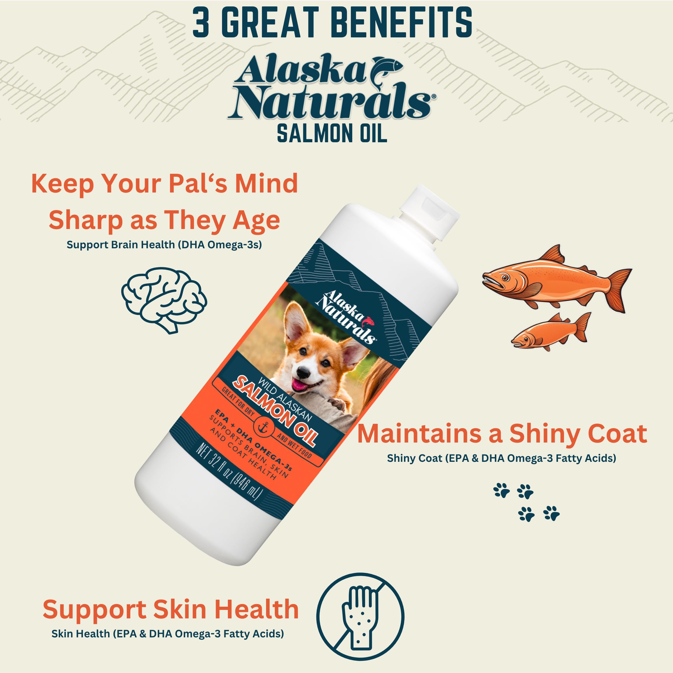 Alaska Naturals wild salmon oil pour shows easy dosing during meals.