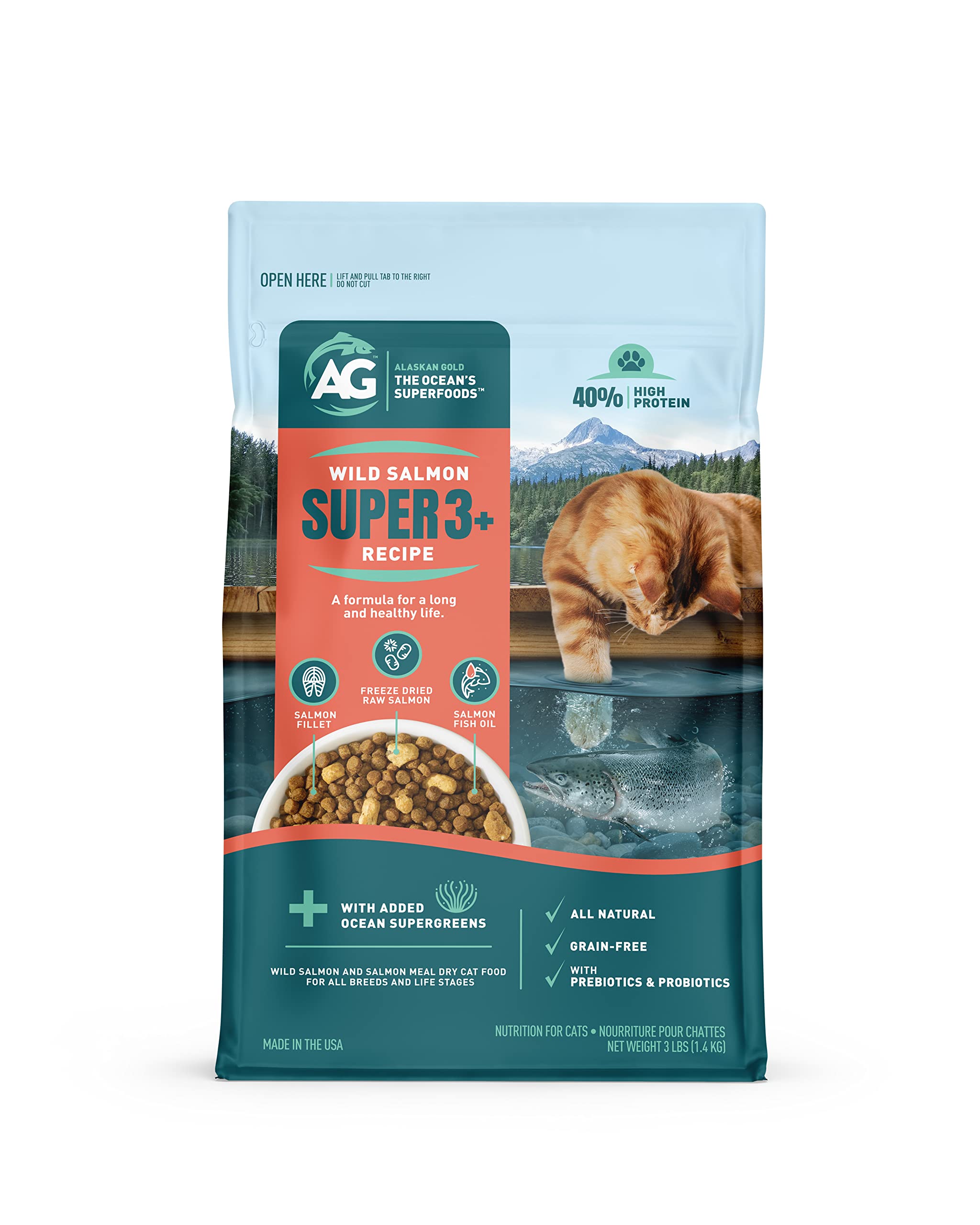 Alaskan Gold SUPER3+ kibble bag showcases grain-free formula for digestion and taste appeal.