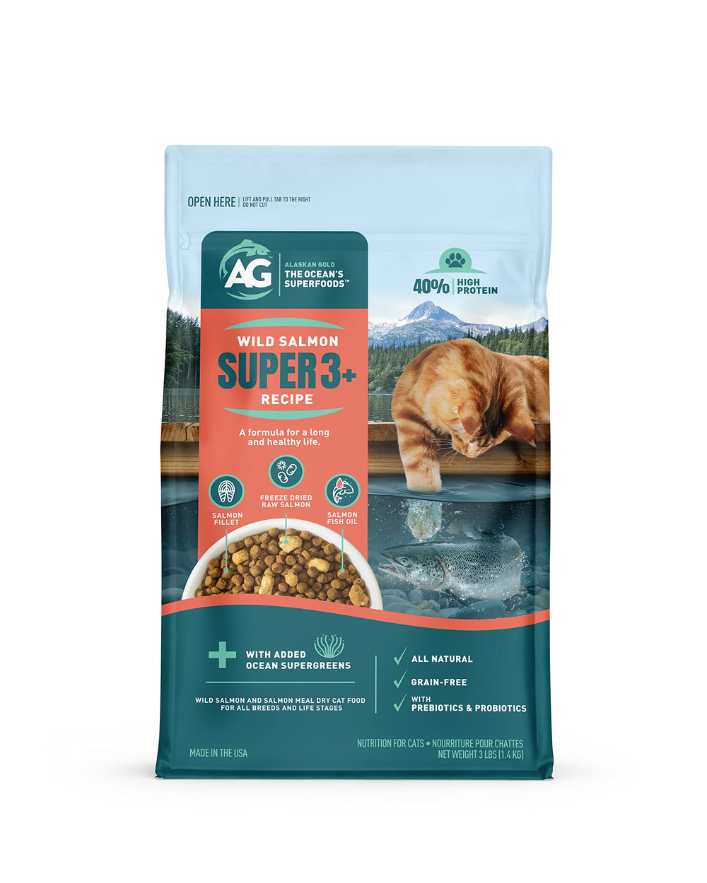 Alaskan Gold SUPER3+ kibble bag showcases grain-free formula for digestion and taste appeal.
