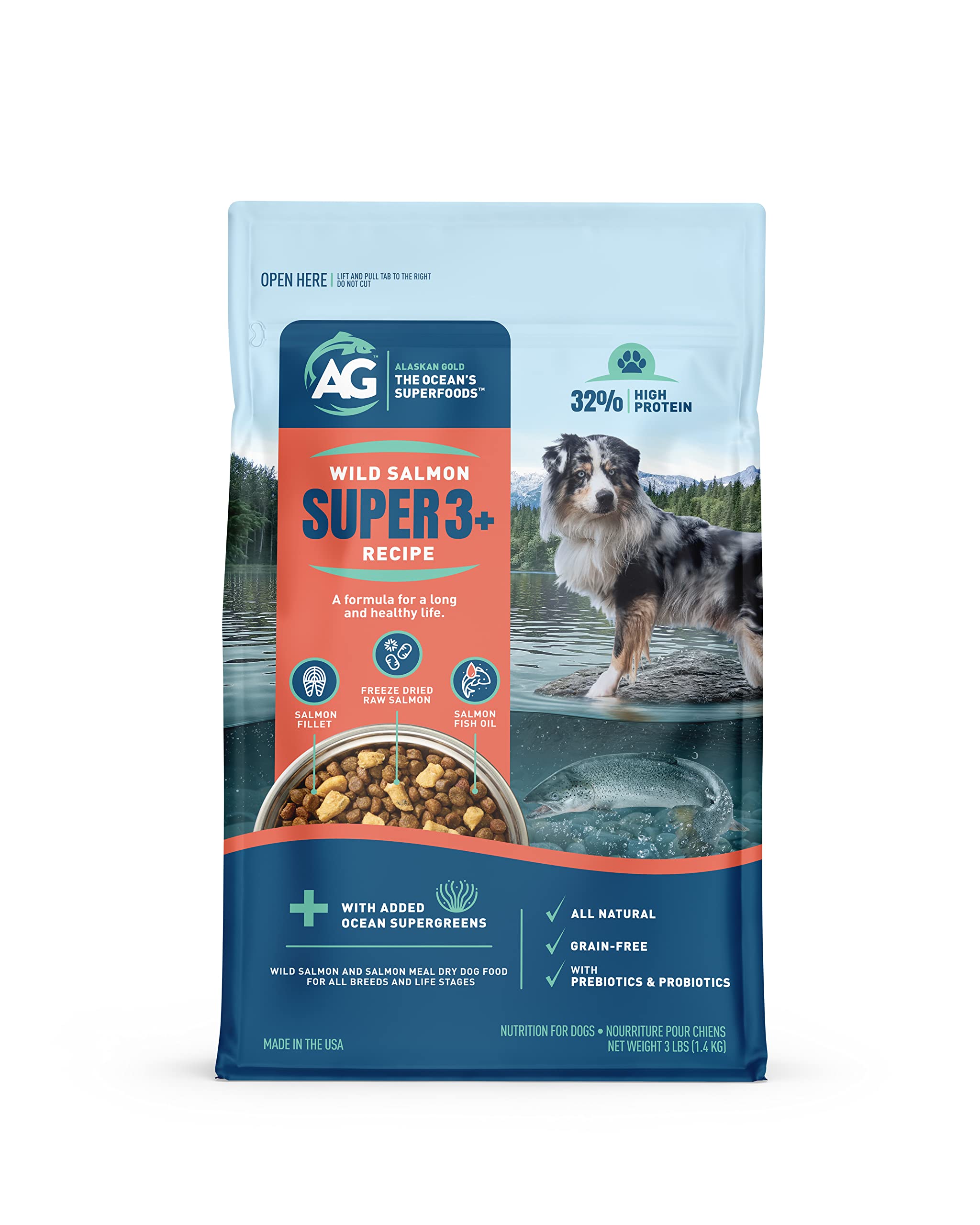 Alaskan Gold Super3+ salmon kibble in a bowl promotes balanced nutrition and coat health