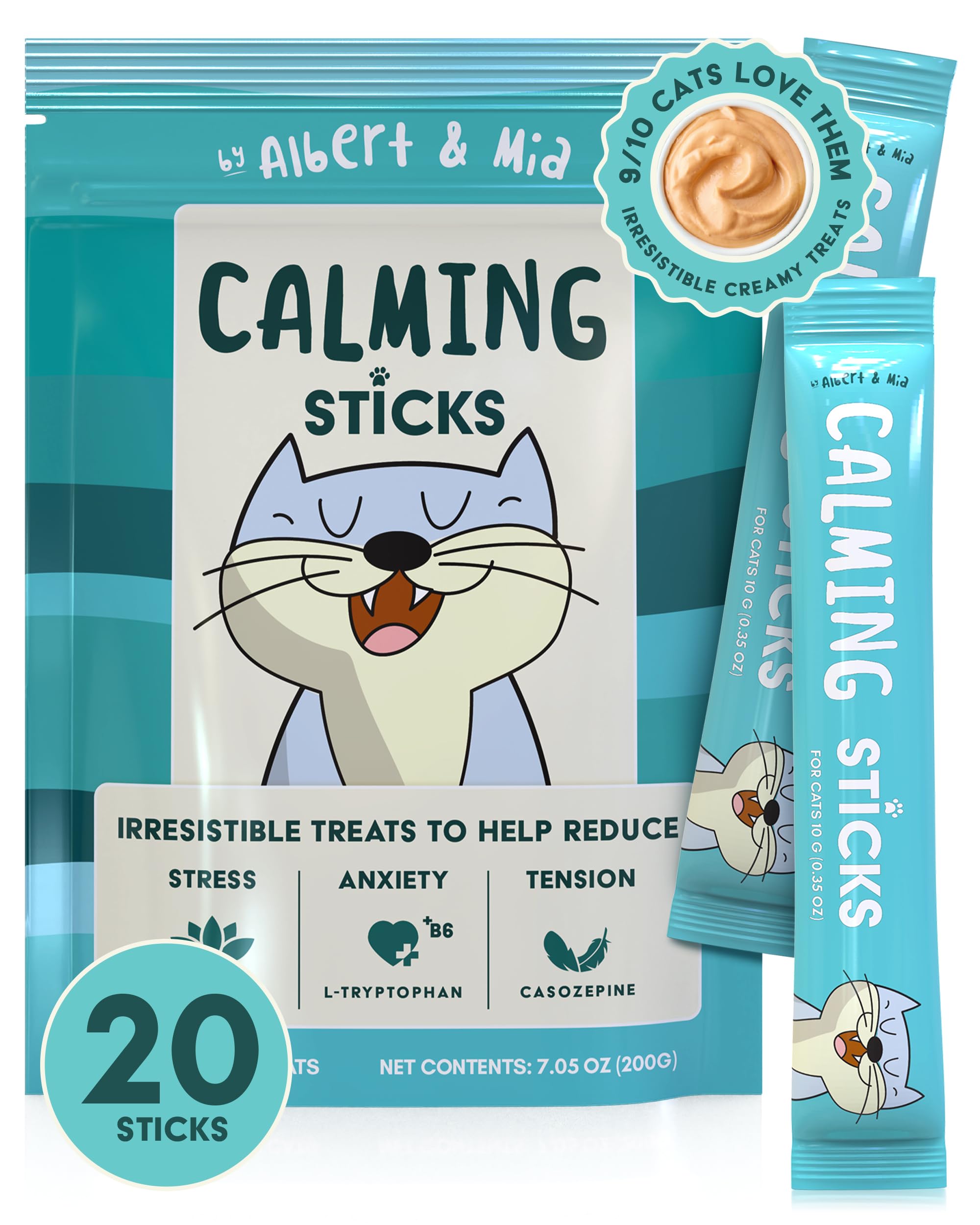 ALBERT & MIA lickable cat treats packaging promotes calm moments.