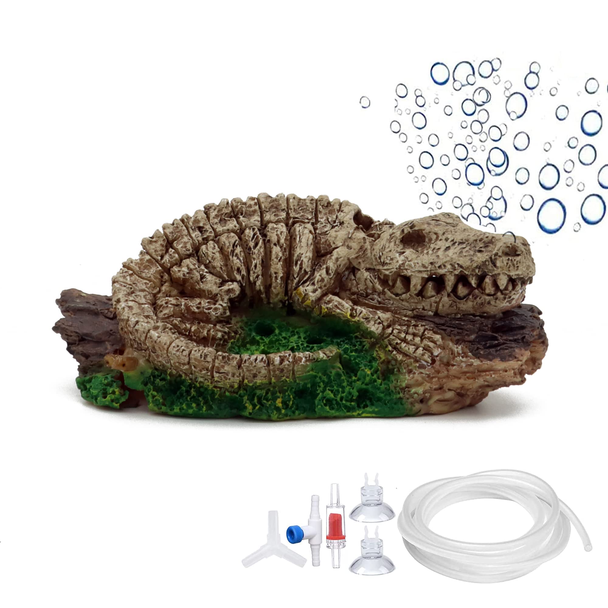ALEGI Dinosaur Bubbler front view shows vivid motion in a clean aquarium.