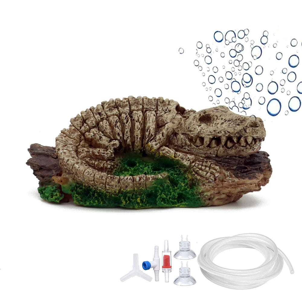 ALEGI Dinosaur Bubbler front view shows vivid motion in a clean aquarium.