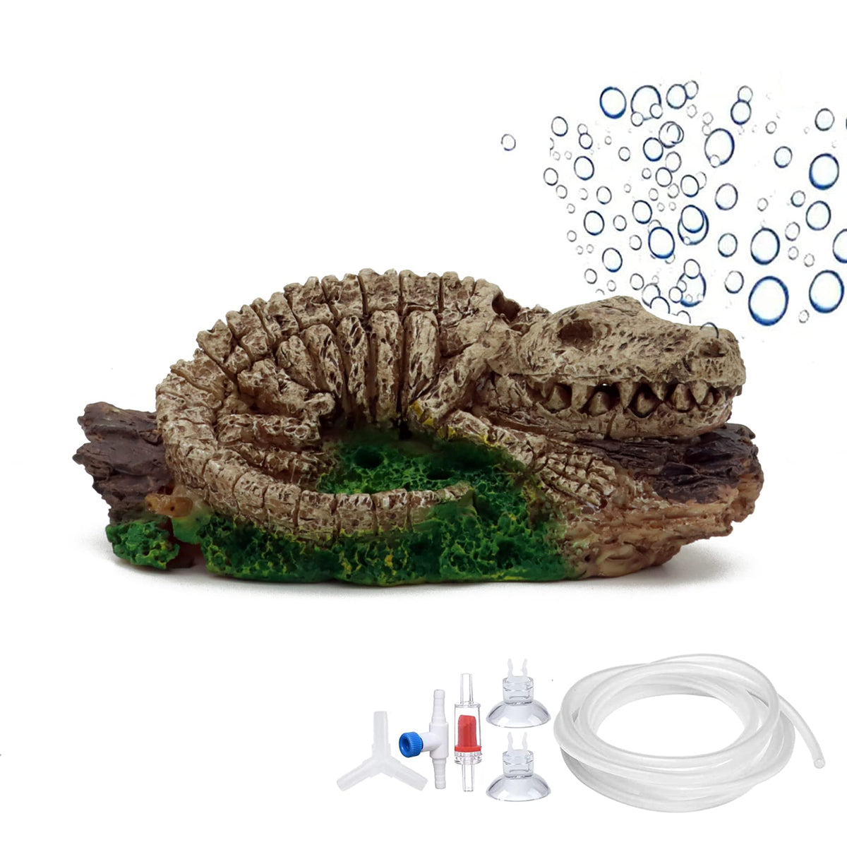 ALEGI Dinosaur Bubbler front view shows vivid motion in a clean aquarium.