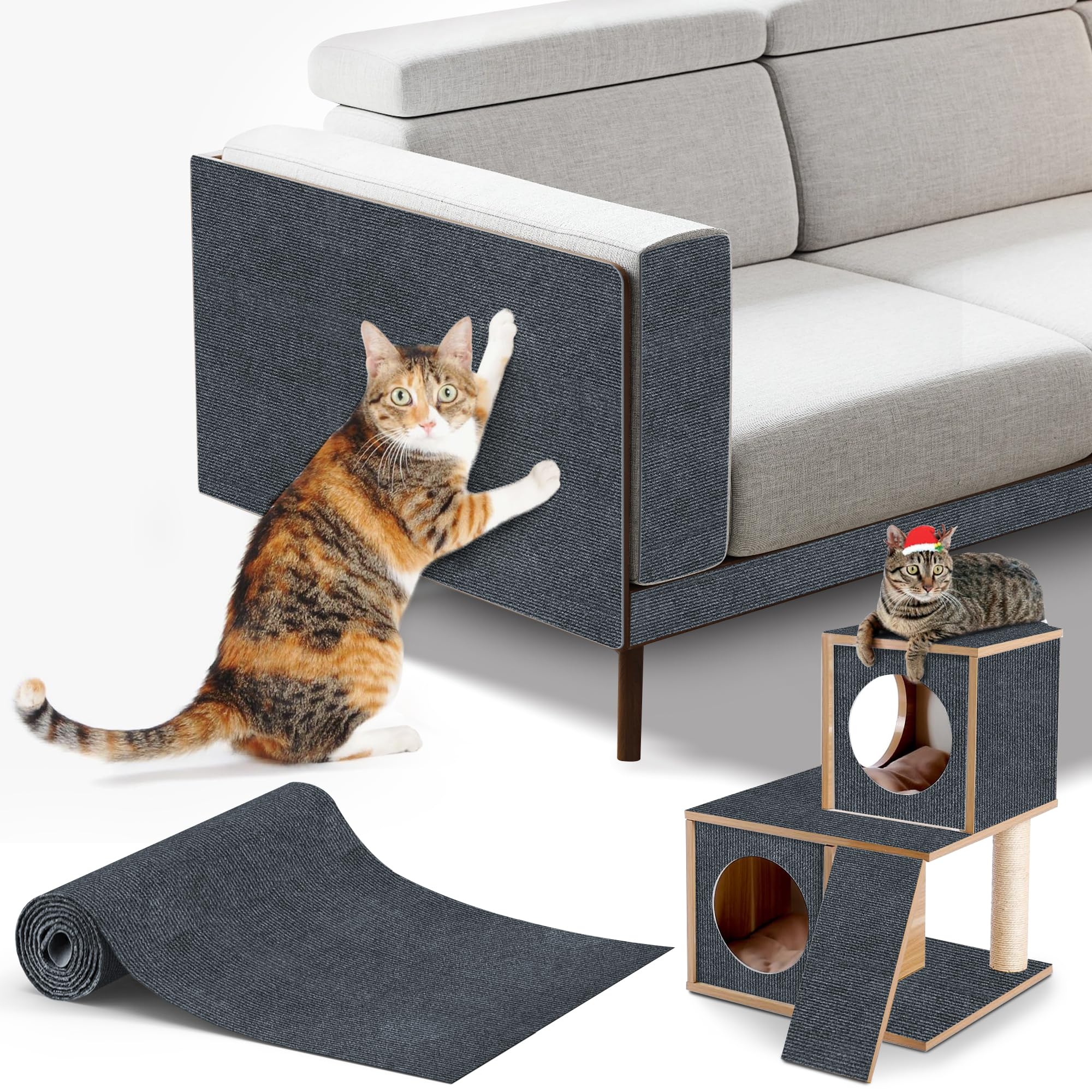 ALEIFLE cat scratching mat adhesive-back closeup on dark grey surface protects furniture