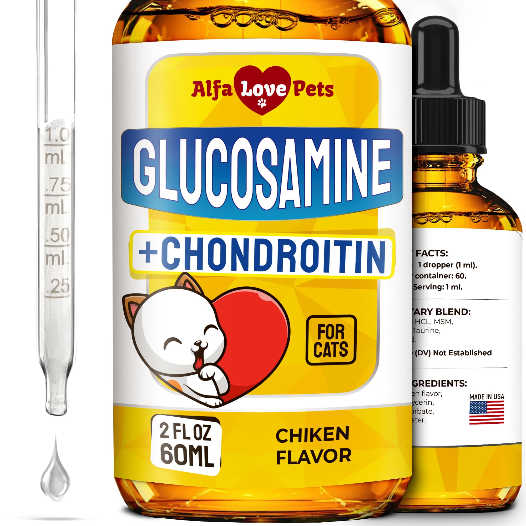 Alfa Love Pets cat joint supplement bottle aids easy daily dosing for hip support.