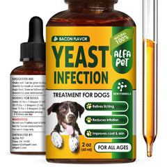 Alfa Pet yeast treatment bottle with bacon flavor for easy administration.