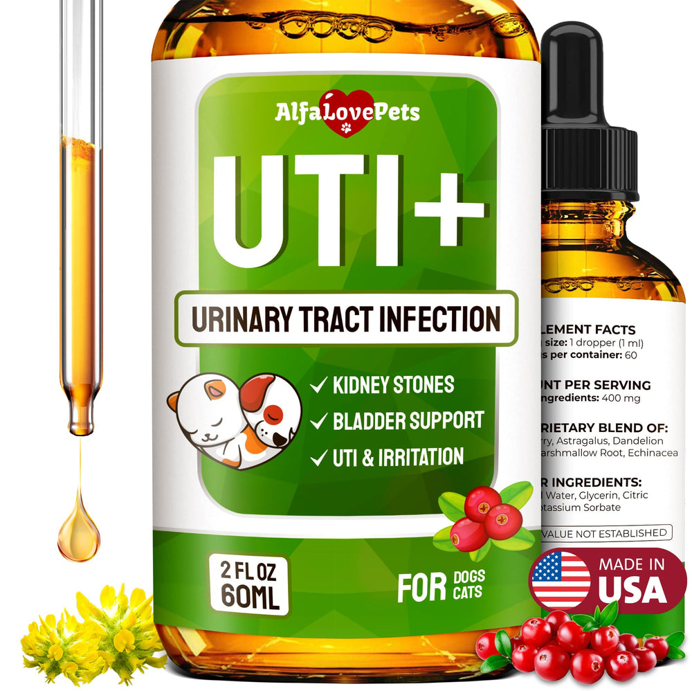 Alfa Love Pets uti-treat-bottle shows a urinary support supplement that may balance urination in pets.