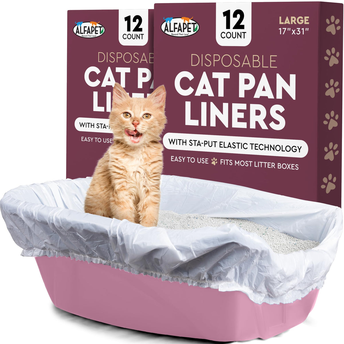Alfapet cat litter liner with Sta-Put technology showing secure, mess-free fit on a pan.