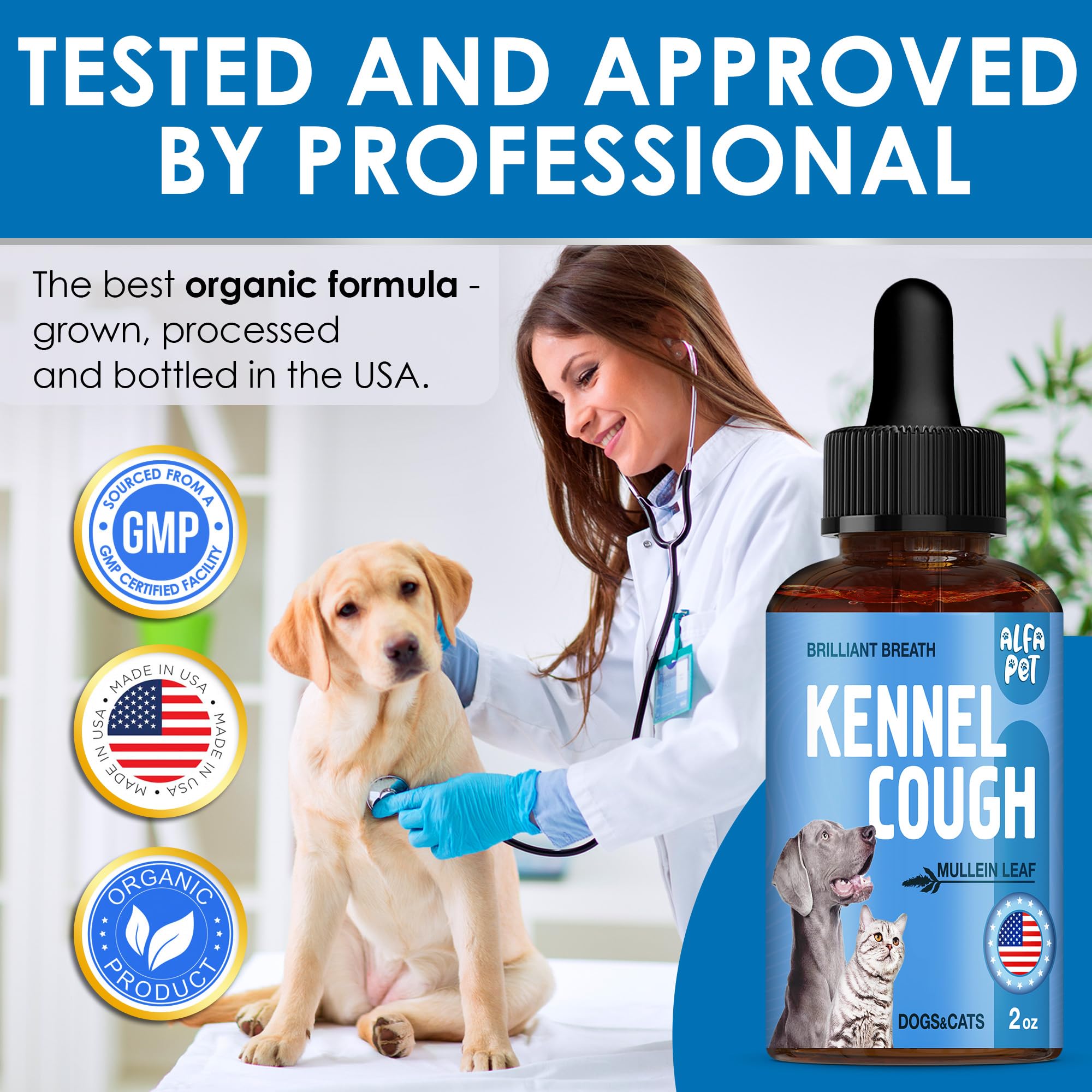 Alfa Pet dog cough liquid all-breeds label signals universal suitability across breeds.