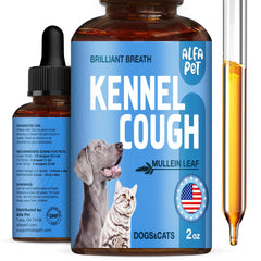 Alfa Pet dog cough liquid bottle shows natural formula for breathing support.
