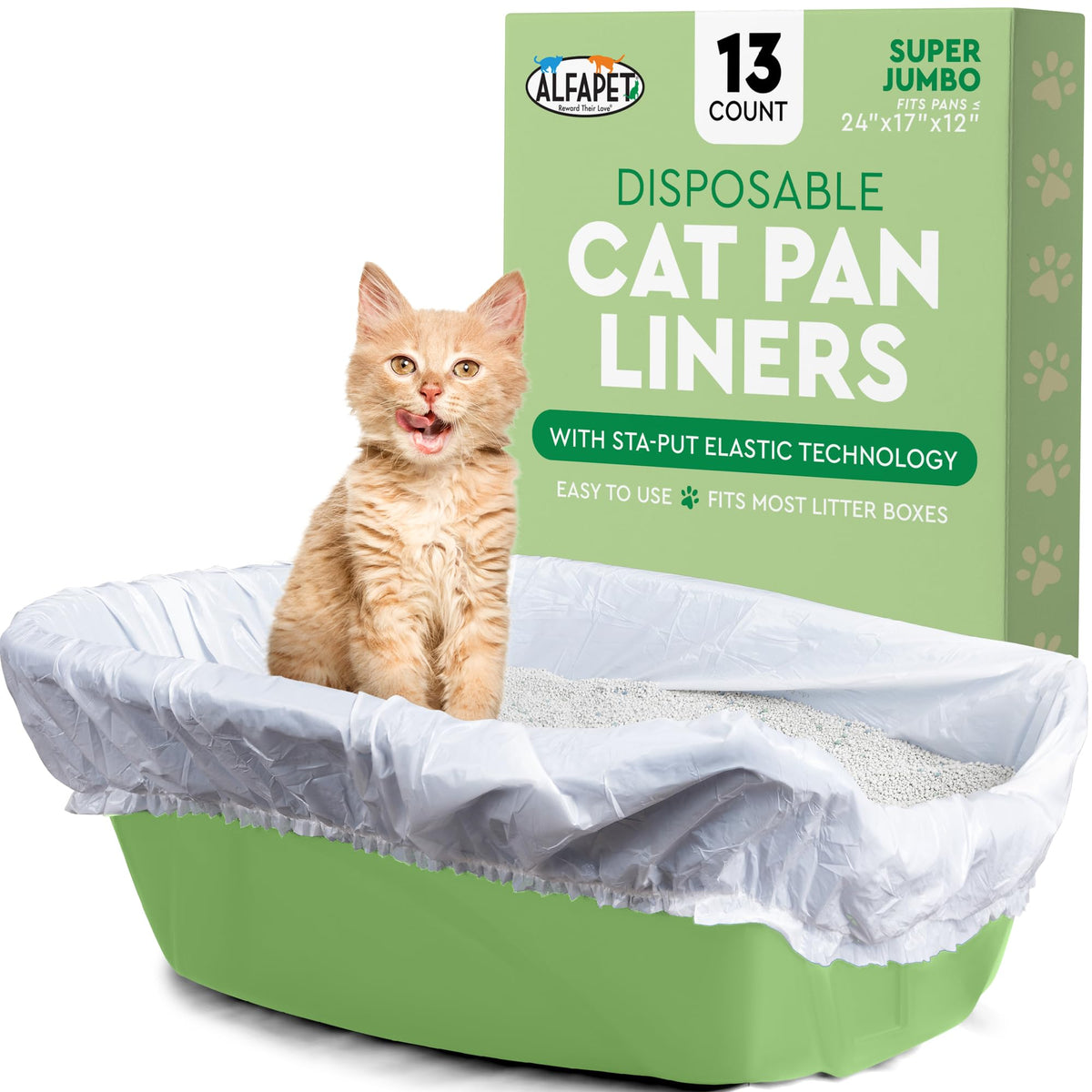 Alfapet elastic litter liner with X-Giant pan visible, offering secure Sta-Put fit for stable use.