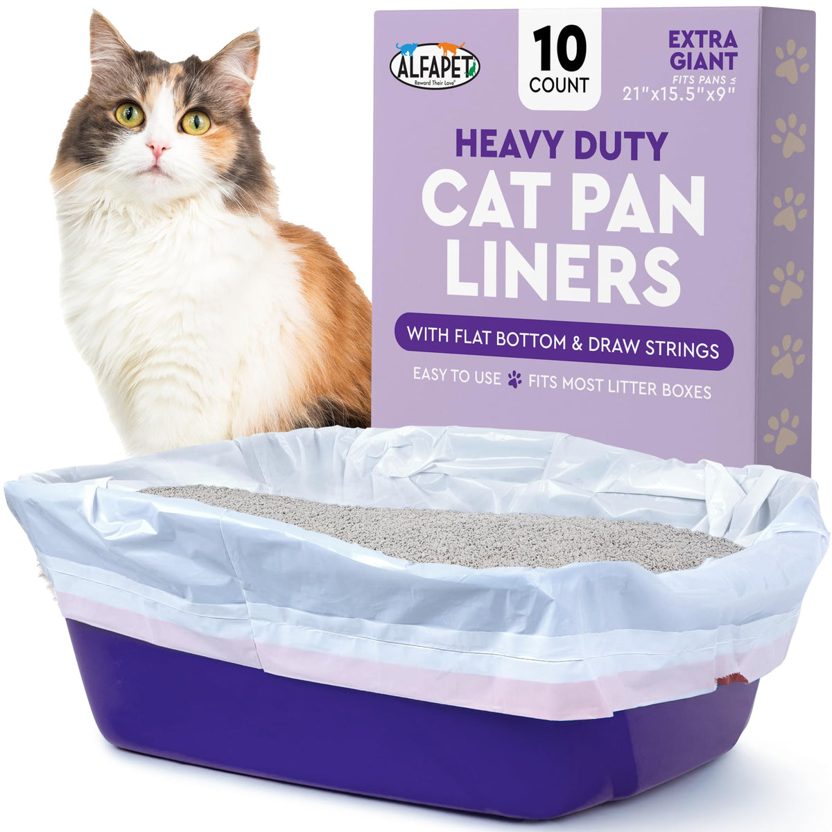 The Alfapet heavy-duty flat-bottom liner is laid flat for a mess-free extra-wide litter box.