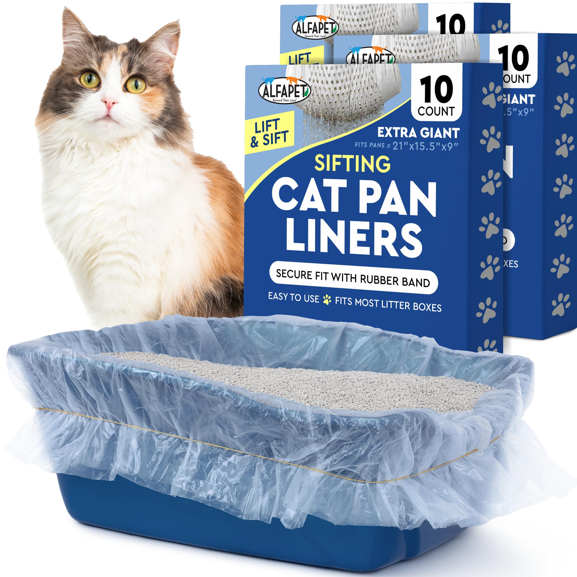 Alfapet Original sifting liners in extra-giant pan show scoop-free maintenance.
