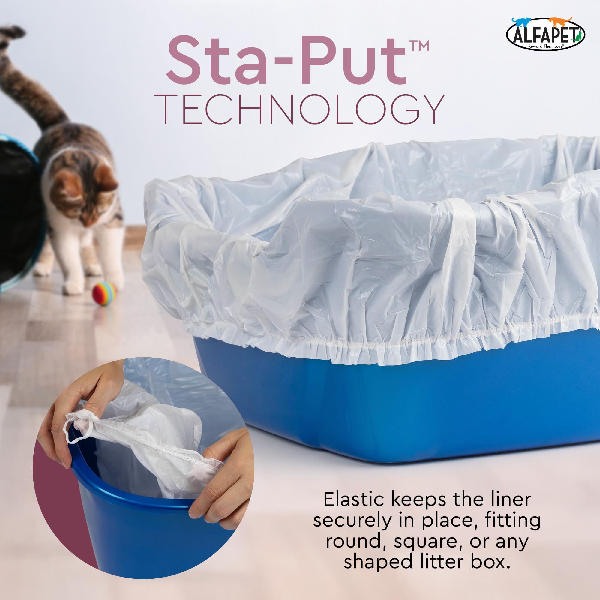 Alfapet multi-size fit liners shown adapting to different litter pans.