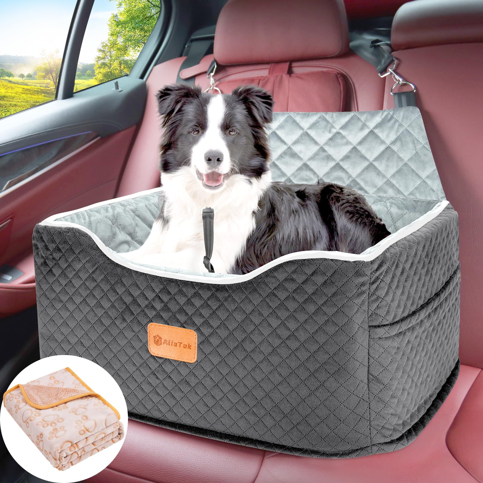 AlfaTok memory foam booster seat back seat view for medium dogs improves comfort and safety.