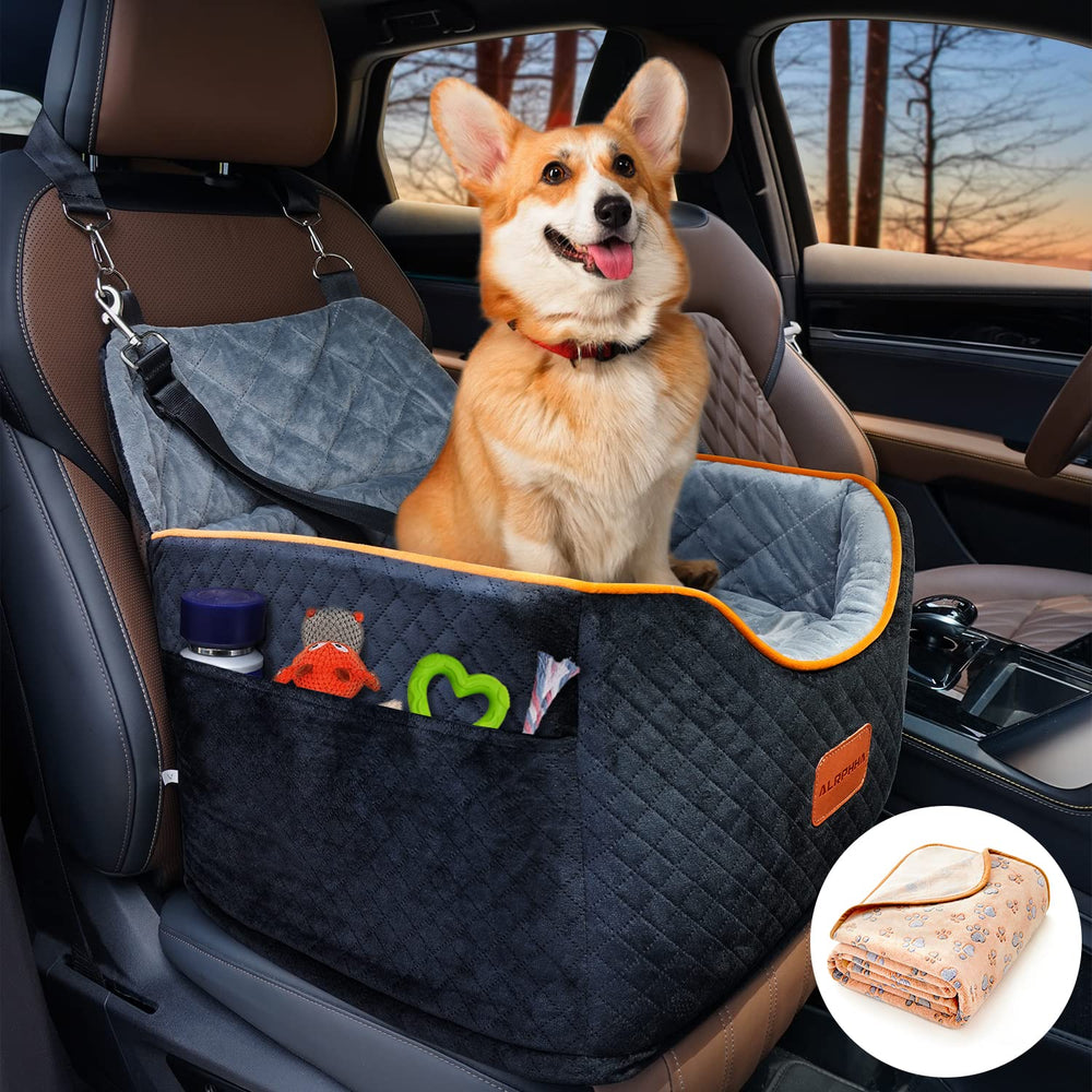 AlfaTok memory foam booster seat front view shows elevated safety for small dogs on trips.