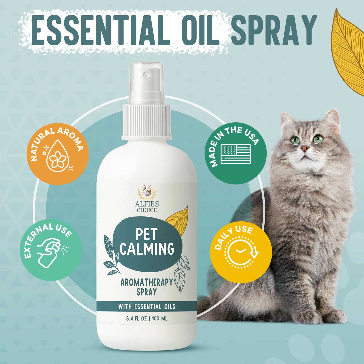 ALFIE'S CHOICE on crate shows quick mist for calmer crate sessions.