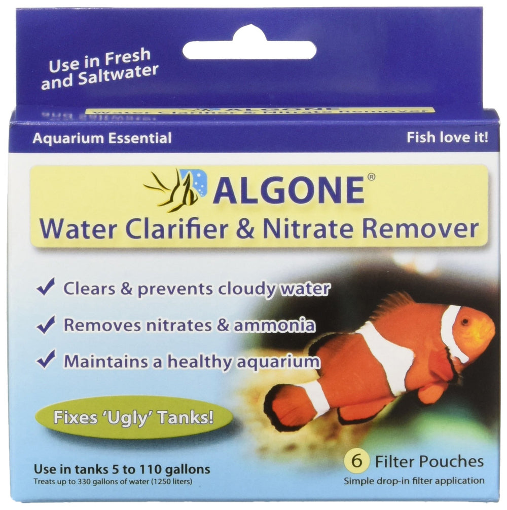 Algone water clarifier pouches in packaging support crystal-clear aquarium water.