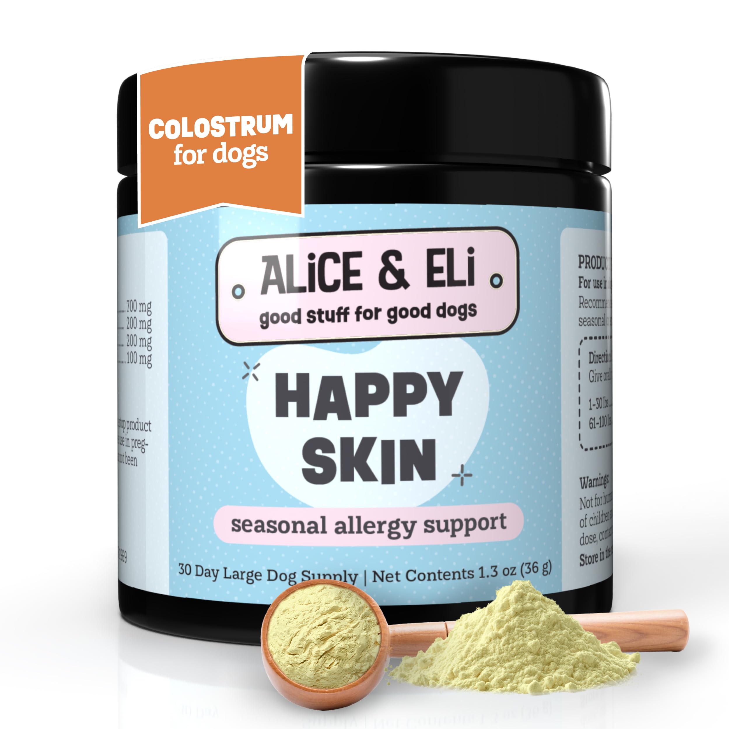 Alice & Eli Happy Skin bottle front shows product name for dogs supporting seasonal allergy comfort.