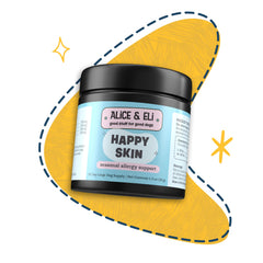 Alice & Eli Happy Skin ingredients graphic highlights quercetin, bromelain, nettle leaf for skin comfort.