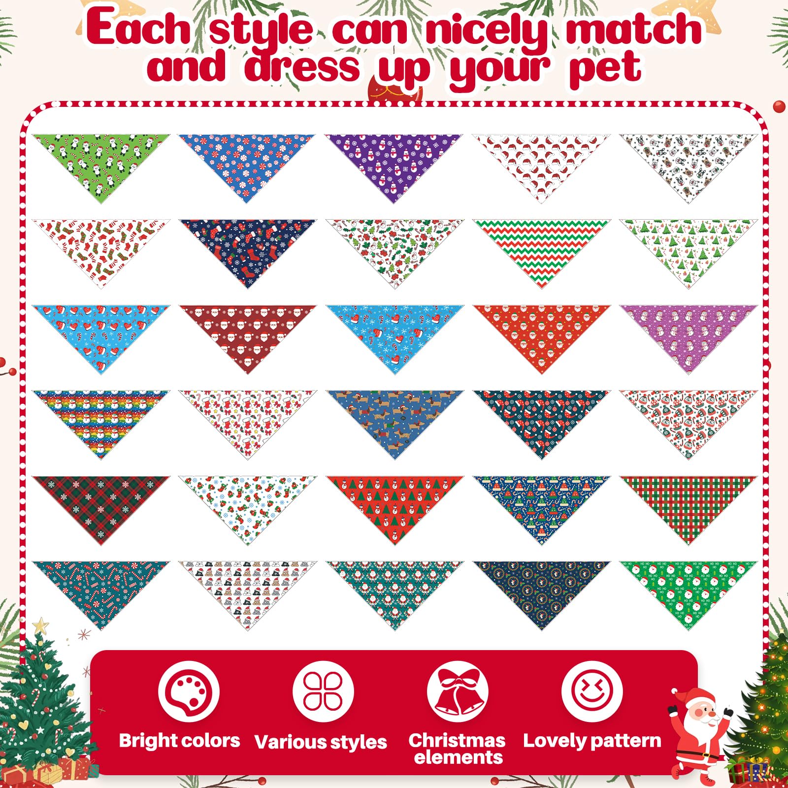 Aliceset Christmas bandanas with Santa hat and tree motifs for festive photo moments