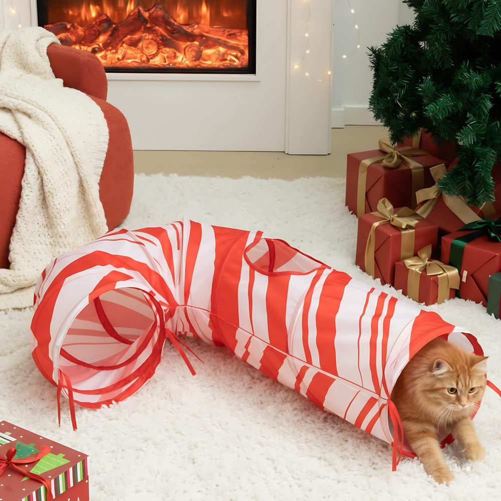Aliceset Christmas cat tunnel with candy cane design for festive play and photo-worthy moments.