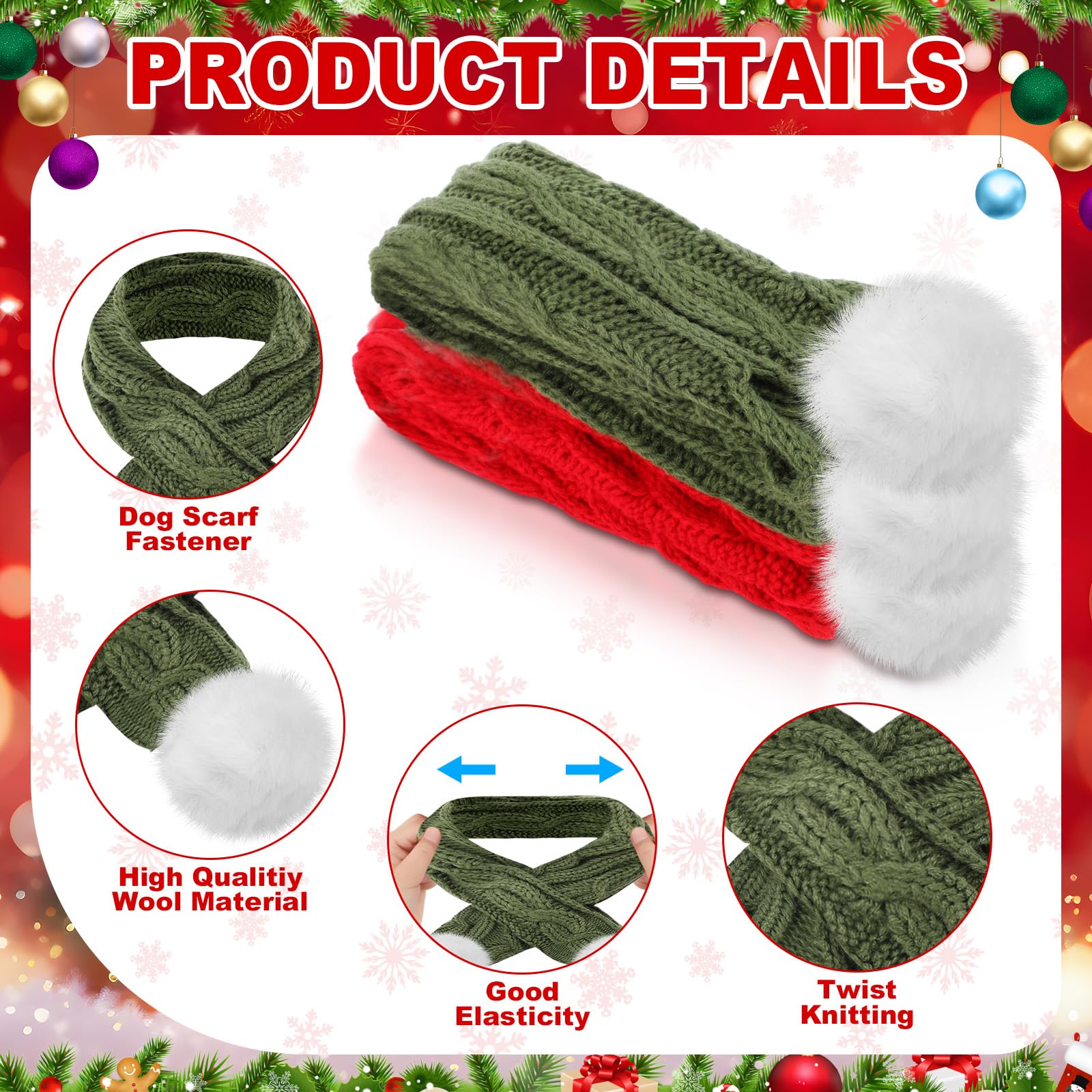 Aliceset dog christmas knitted scarf with pom-poms sparkles on holiday photos.