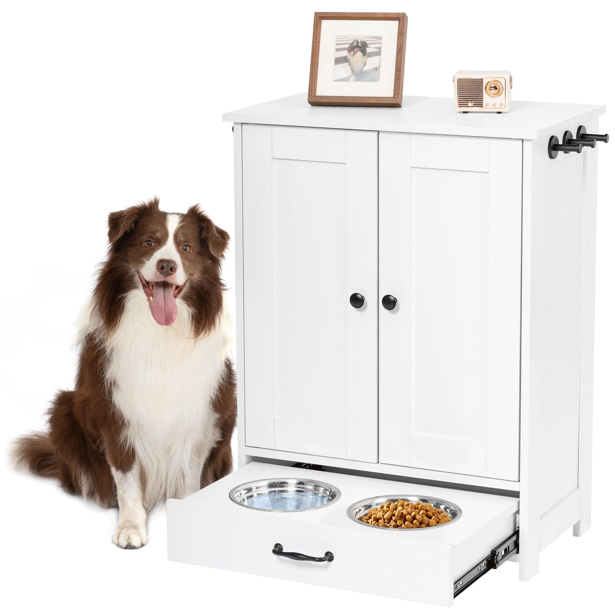 ALINE FURNITURE dog feeding station with hidden drawer keeps feeding area tidy.