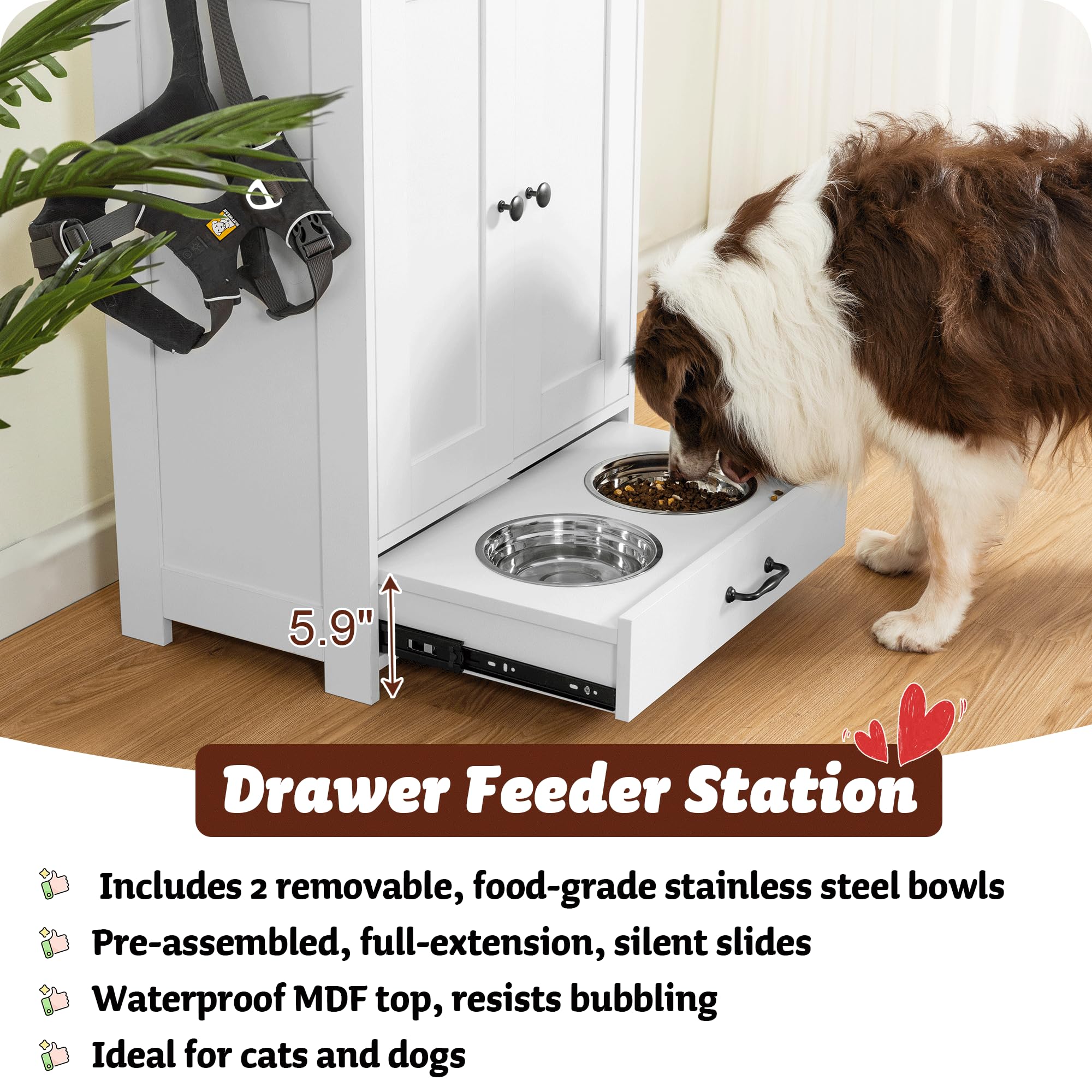 ALINE FURNITURE wood pet feeder cabinet with side storage for leashes and collars.