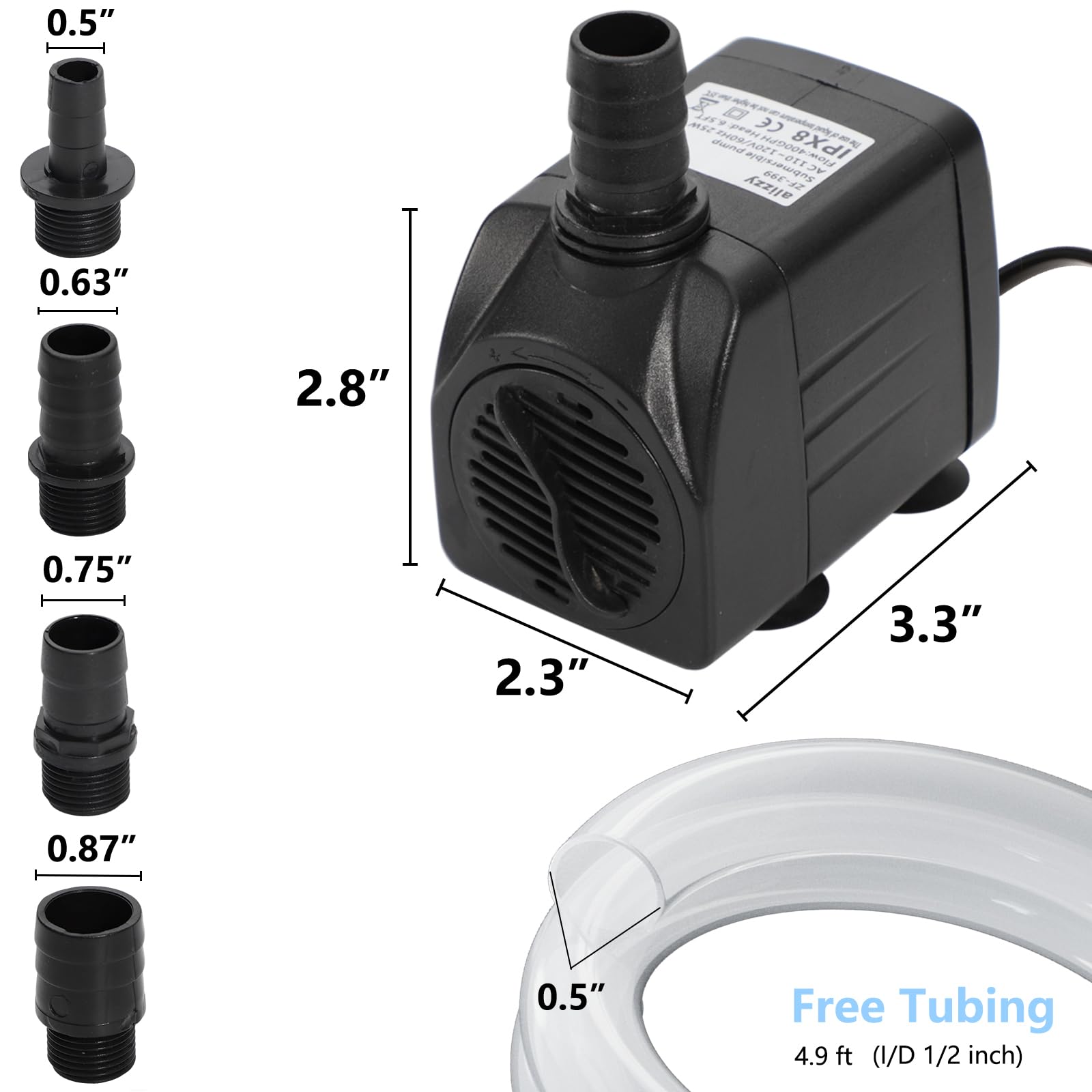 Alizzy 400GPH pump side view highlights durable housing.