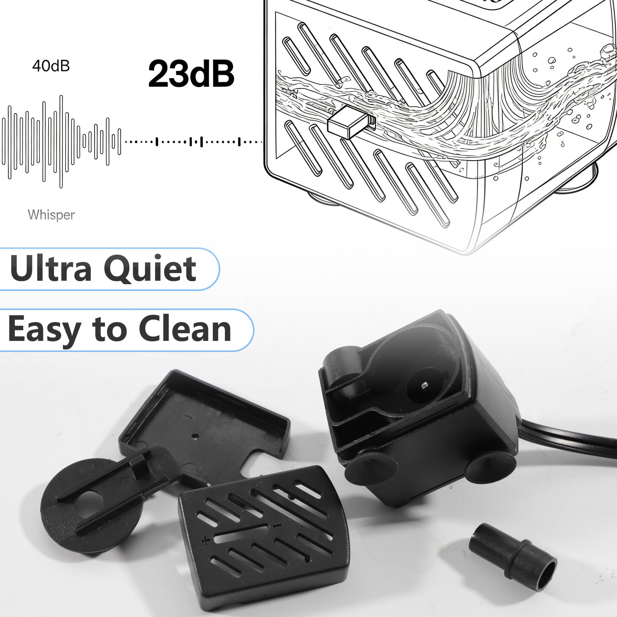 Alizzy 50 GPH pump in tabletop fountain setup for ambience