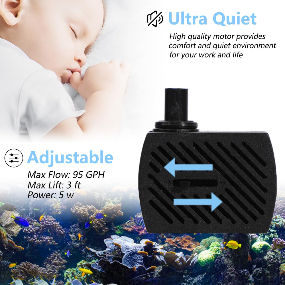 Alizzy 95GPH pump demonstrates durability and quiet operation in fish tanks and outdoor fountains.