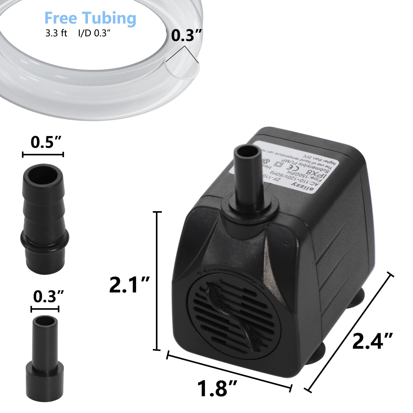 Alizzy compact fountain pump side angle for tight spaces
